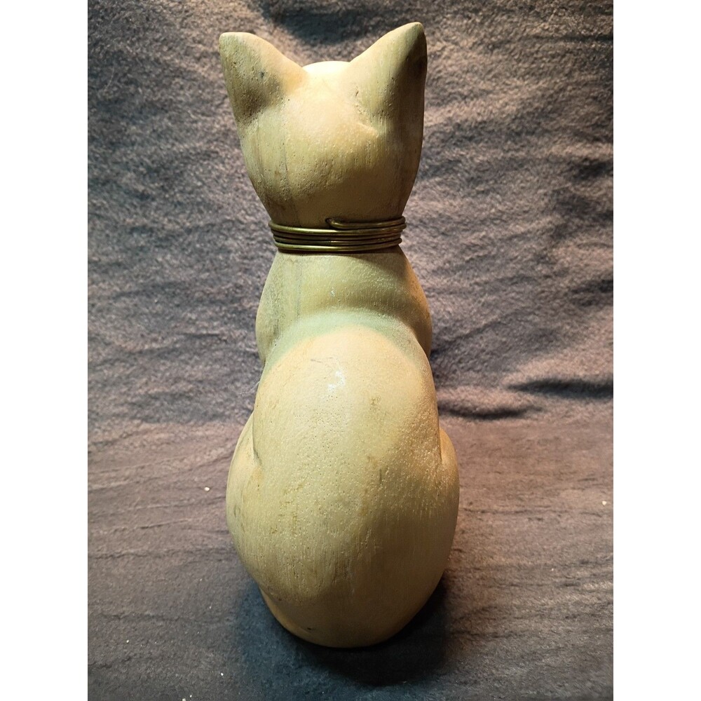 Vintage Hand Carved Wooden Cat Folk Art Sculpture Brass Collar Rustic Whimsical - Picture 9 of 14
